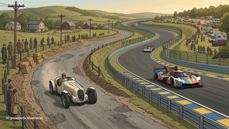 Illustration zur Geschichte von Watkins Glen: Ein Sportwagen der 1940er-Jahre und ein moderner Langstreckenprototyp auf dem Rennkurs.